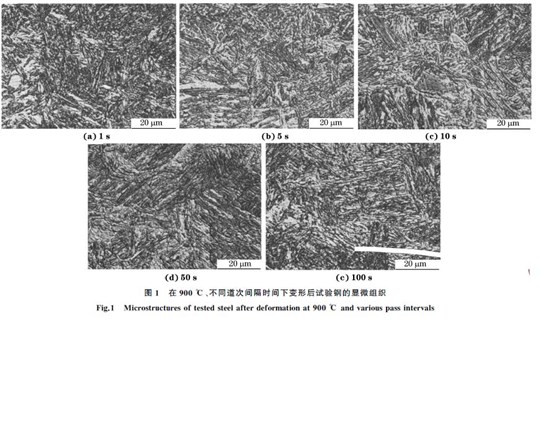 圖１ 在９００ ℃、不同道次間隔時間下變形后試驗鋼的顯微組織
